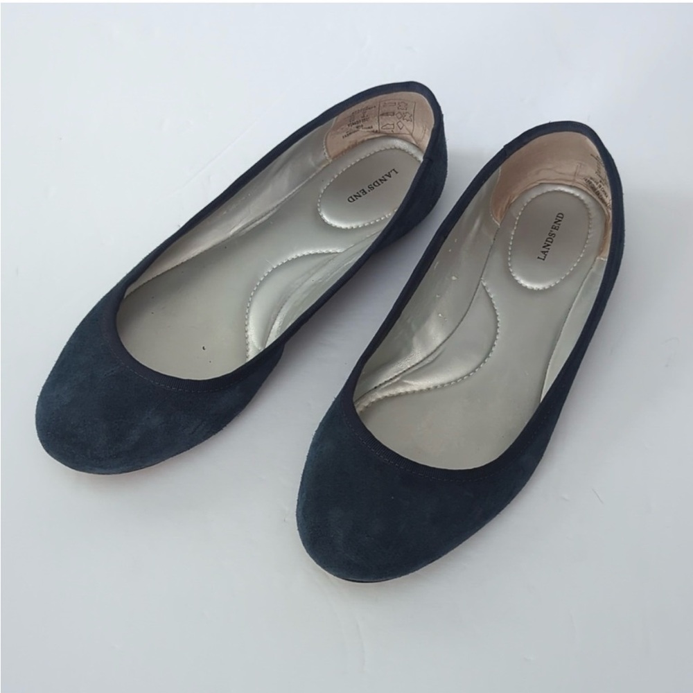 Lands' End Emma Rounded Toe Flats Suede Leather Dusk Blue size 8D Wide - Picture 2 of 8